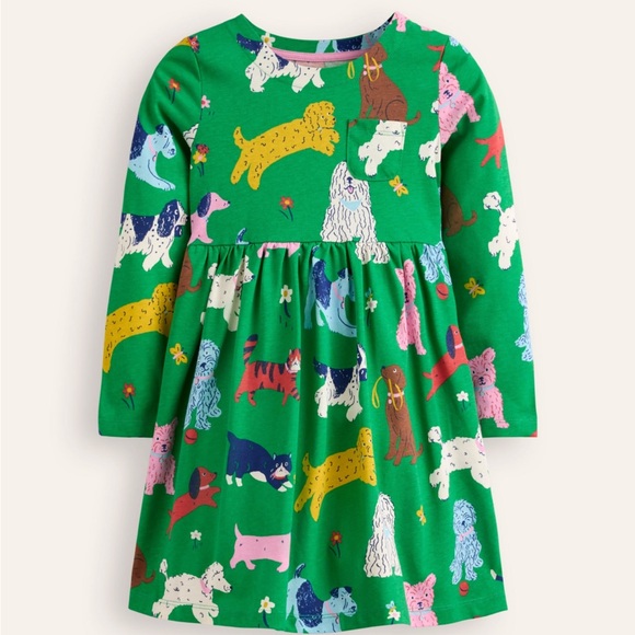 EUC Mini Boden Size 4-5 Year Long-Sleeved Fun Jersey Dress, Green Park Play Pets - Picture 1 of 5